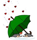 Vector greeting card for Valentine`s day with cute hedgehogs under a green umbrella. Great card for lovers.